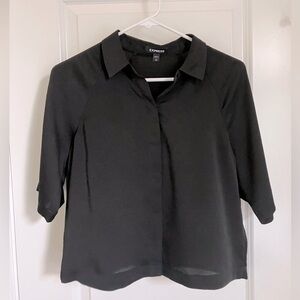 Black polyester short sleeve button up shirt